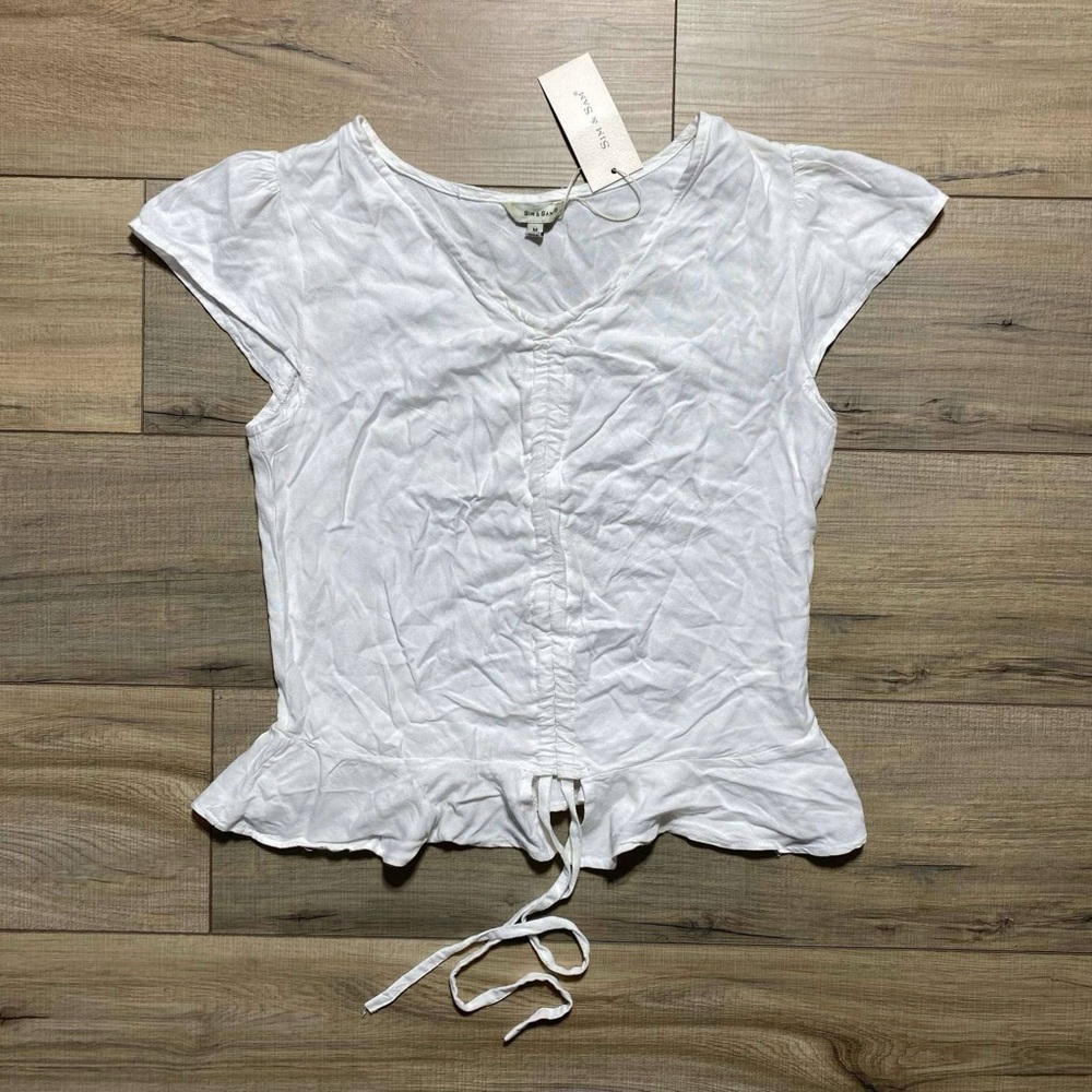 Sim & Sam Womens Tie‎ Ruching Flutter Sleeve Shirt Size Medium Light Cream